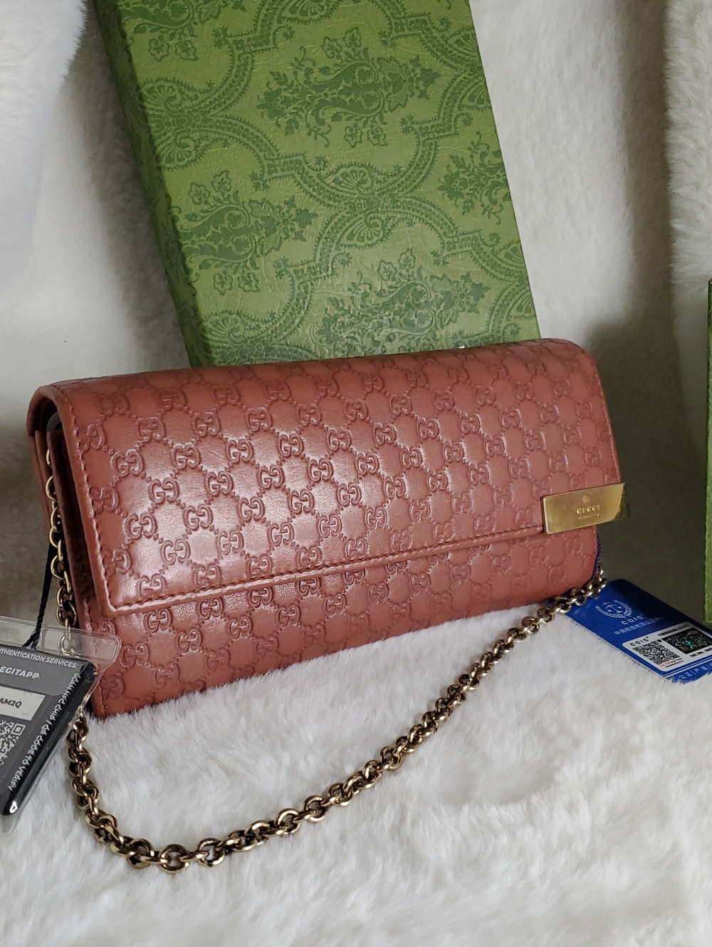 Gucci Coral Embossed GG Leather Chain Clutch with Gold Hardware